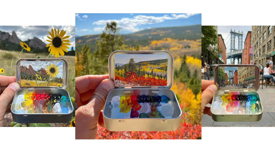 Miniature landscapes inside mint tins