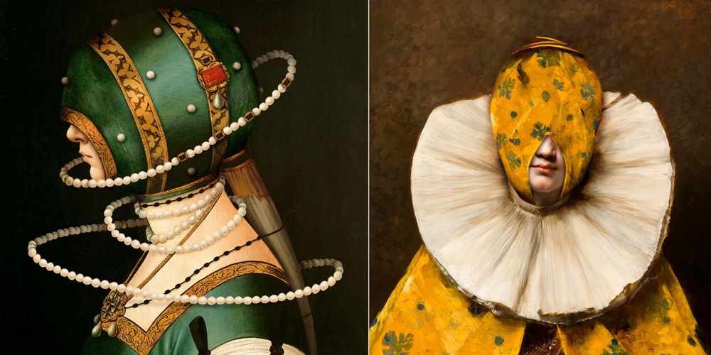 volker hermes` hidden portraits explore historical fashion through modified antique paintings