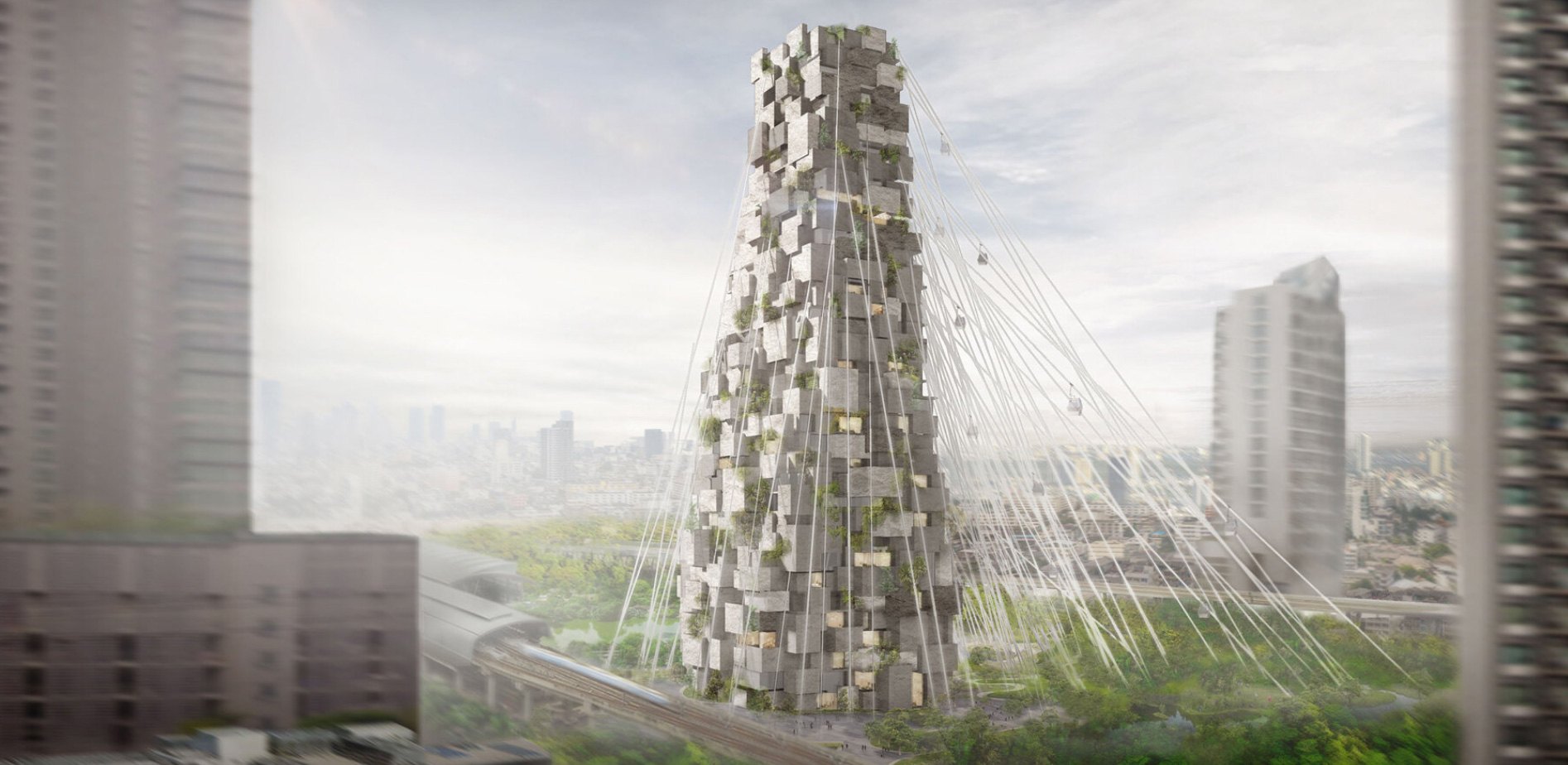 cable car lines connect this stacked tower proposal for bangkok civic center